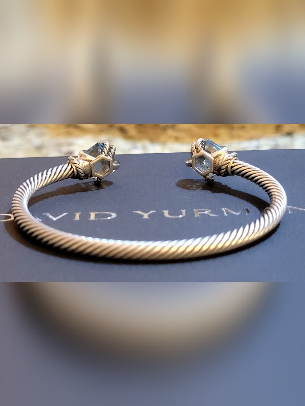 David Yurman Blue Topaz and Pave Diamond 4 mm Cable Wire Bracelet - Picture 3 of 16